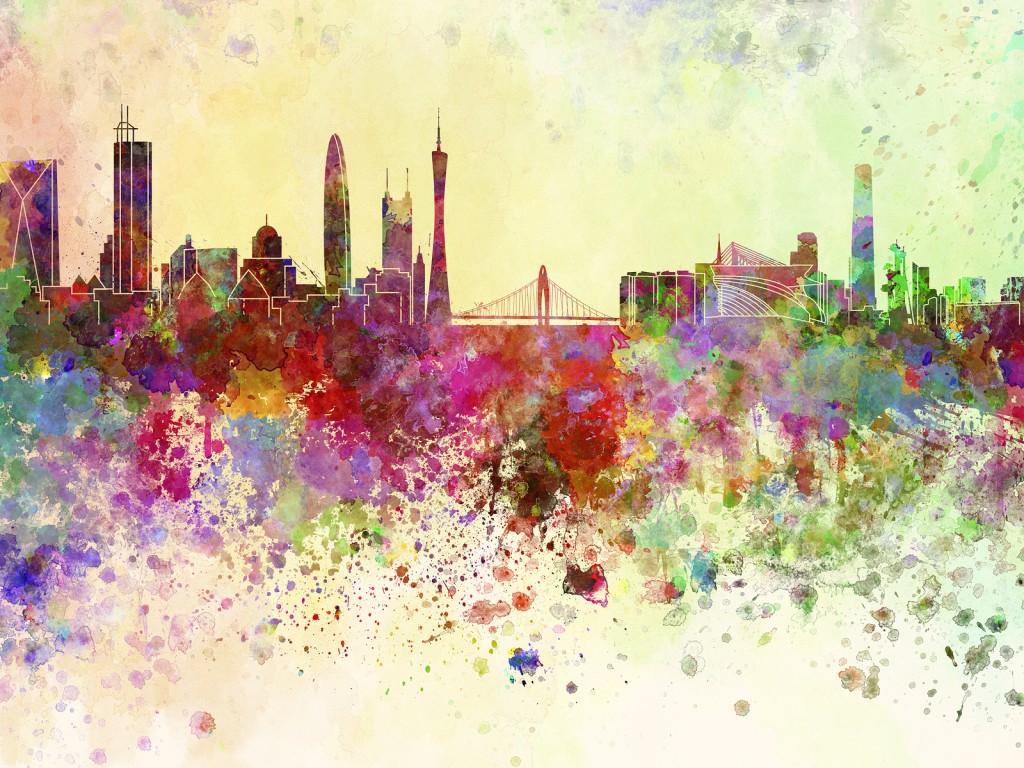 Guangzhou Skyline In Watercolor Background